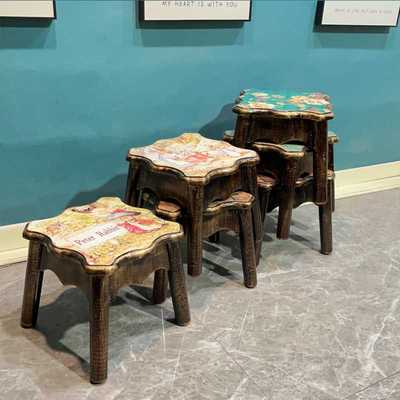 6R美式乡村小凳子家用多功能重叠收纳原木艺术四方矮板门口茶几换