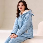睡衣女秋冬季 可外穿新款 款 珊瑚绒加厚加绒三层夹棉保暖家居服套装