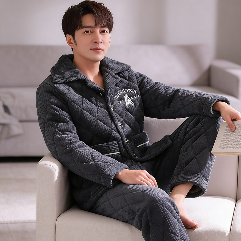 冬季男士珊瑚绒睡衣三层夹棉袄加厚加绒保暖2025新款家居服可外穿