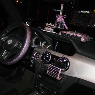 镶钻车载纸巾盒抽车内用品创意汽车抽纸盒可爱水钻摆件紫色车饰品