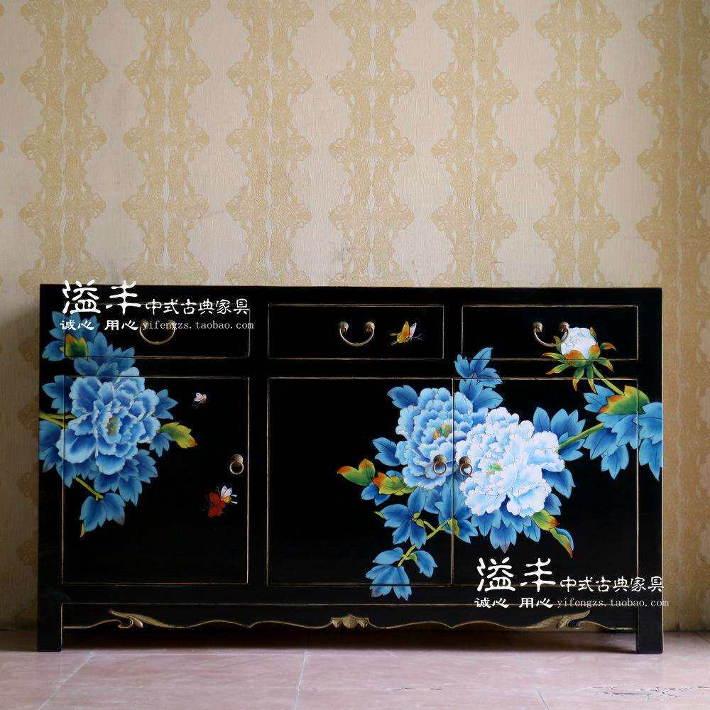 现代新中式仿古典实木手工彩绘餐边柜复古做旧茶水柜储物玄关橱柜