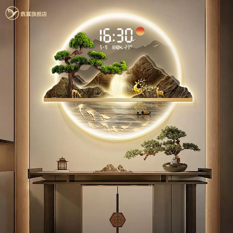 入户玄关画2024年新款高端流水生财山水挂画走廊客厅装饰画带钟表