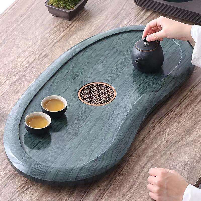 整块绿檀木纹石茶盘中式简约家用办公茶台乌金石直排茶海工厂