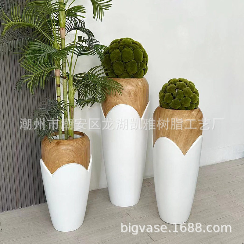 北欧玻璃钢木纹落地大花瓶酒店庭院商场绿化摆设仿真花绿植花器