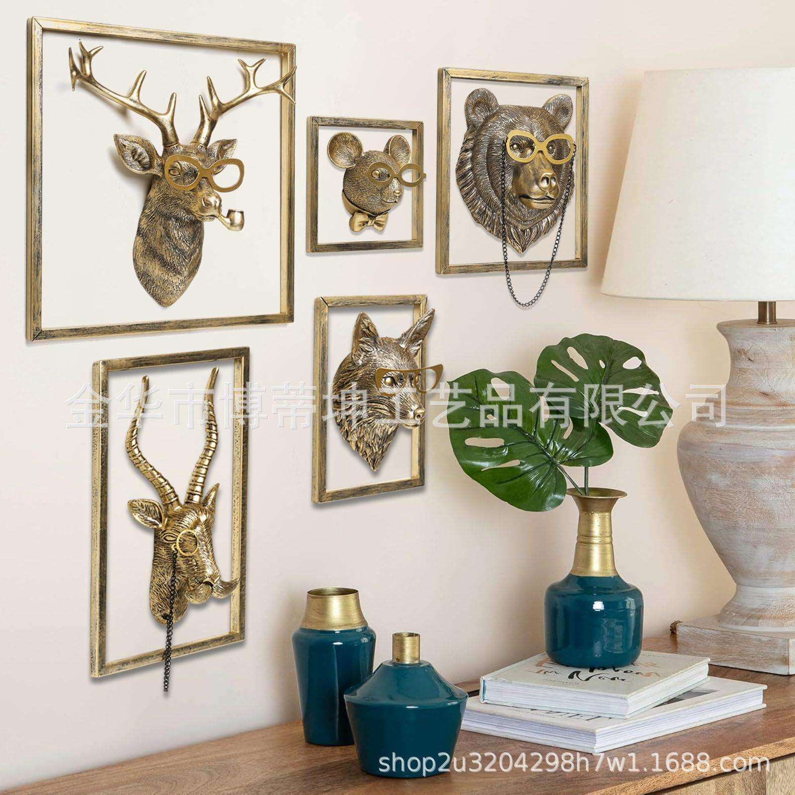 2025仿古铜色动物雕像挂件室内墙壁装饰树脂工艺品壁挂装饰品