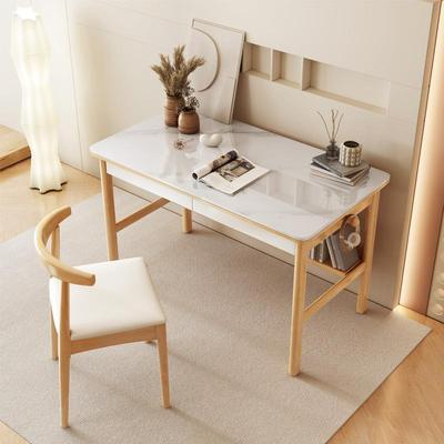 岩板实木书桌书房轻奢电脑桌带抽屉书架奶油风家用简约办公学习桌