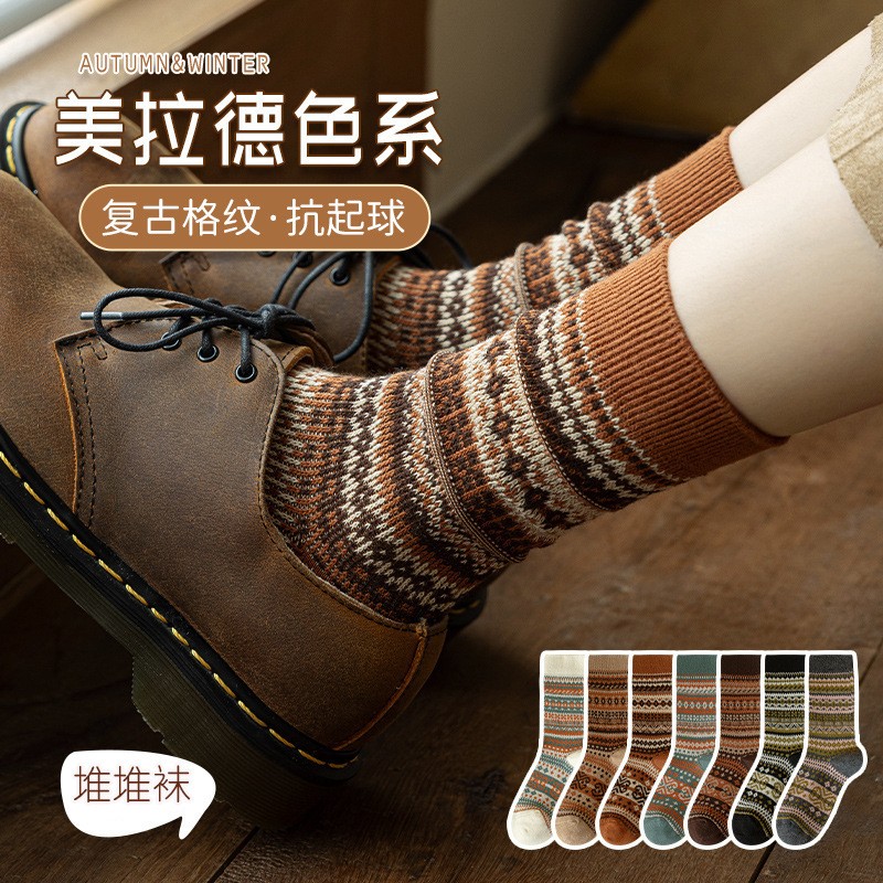 袜子女士秋冬双针双路中筒棉袜堆堆复古民族风ins咖潮美拉德长袜