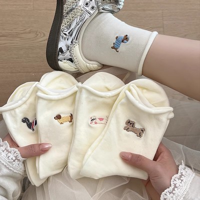 白色袜子女士中筒袜秋冬款ins潮日系卷边堆堆袜卡通可爱小狗长袜