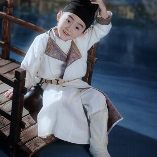 男童汉服中国风翻领长袍帅气少爷儿童白袍古装男宝李白国学服套装
