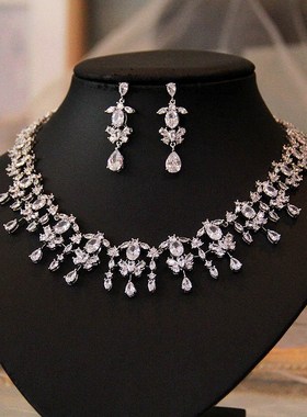 新娘结婚项链耳环套装闪耀锆石晚宴聚会配饰婚纱礼服橱窗展示首饰