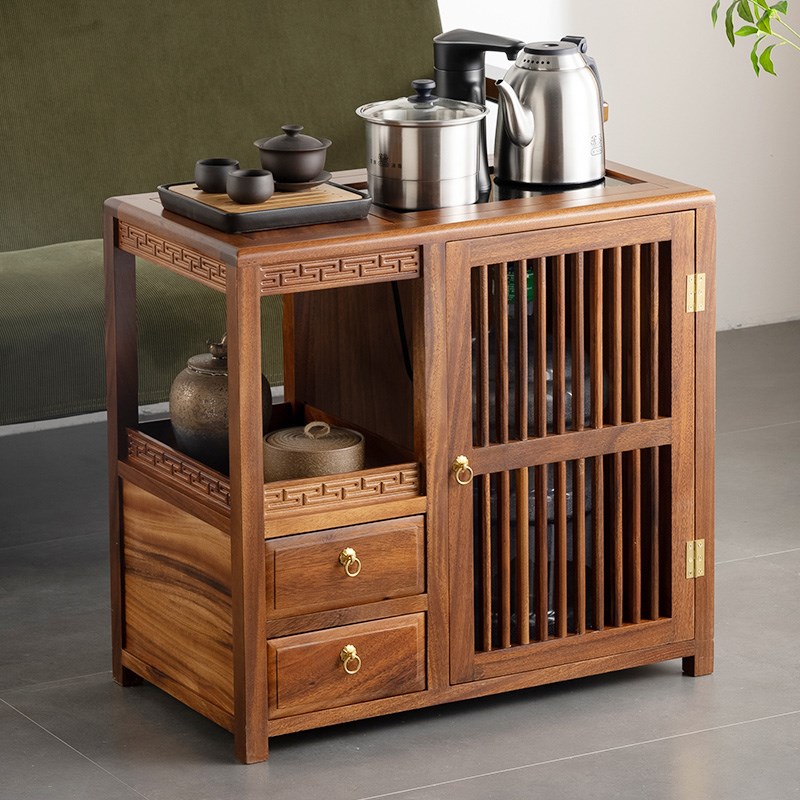 新中式胡桃木茶水柜办公家用实木茶边柜烧水壶一体茶台移动茶边几