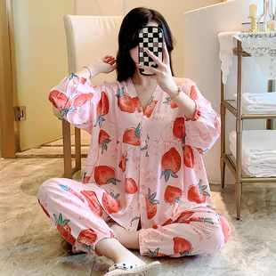 人造棉空调月子家居服套装 棉绸睡衣女士春秋款 七分长袖 夏季 天 睡裤