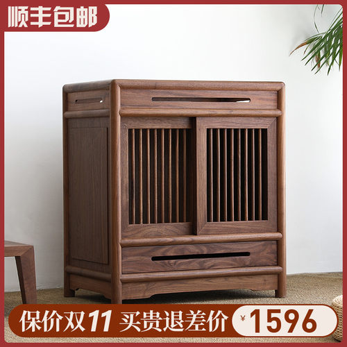 新中式茶水柜实j木餐边柜带滑动门收纳柜仿古禅意置物边柜储物柜