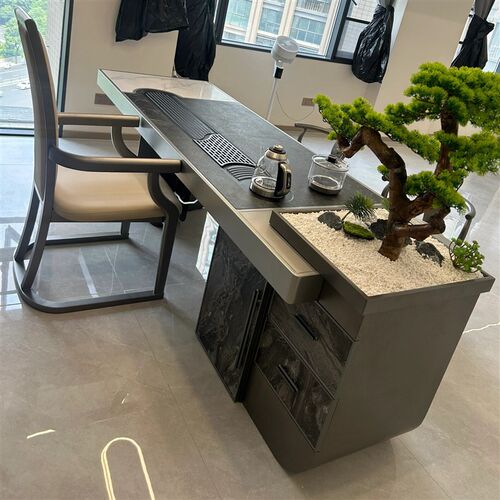 新中式茶桌椅组合办m公室黑胡桃木茶台茶室岩板设计定制泡茶桌家