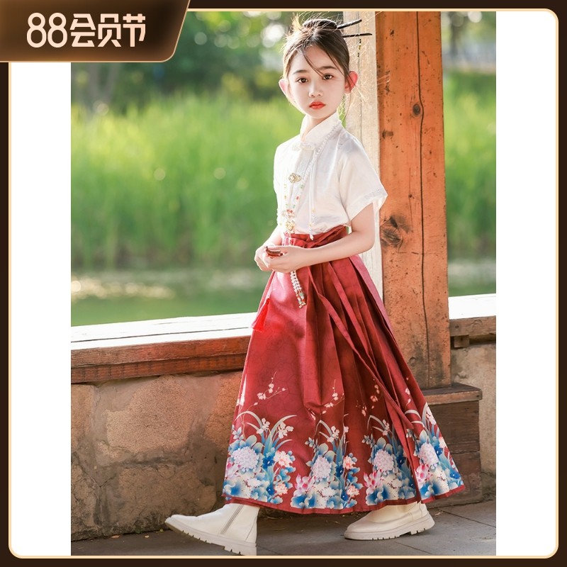 校后埔儿童马面裙夏薄款女童古装汉服2023国风小女孩套装红色明制图片