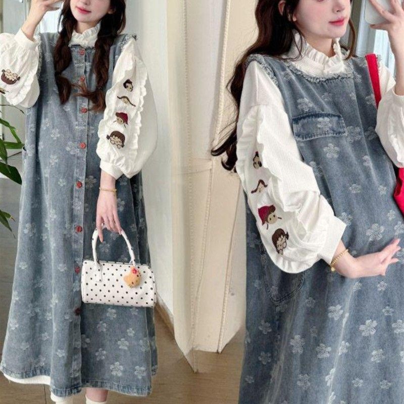 孕妇牛仔背带裙连衣裙2025新款高级感覆古牛仔背带裙+高领衬衫裙,孕妇装/孕产妇用品/营养,连衣裙,淘宝优惠券,粉丝福利购,淘宝优惠卷