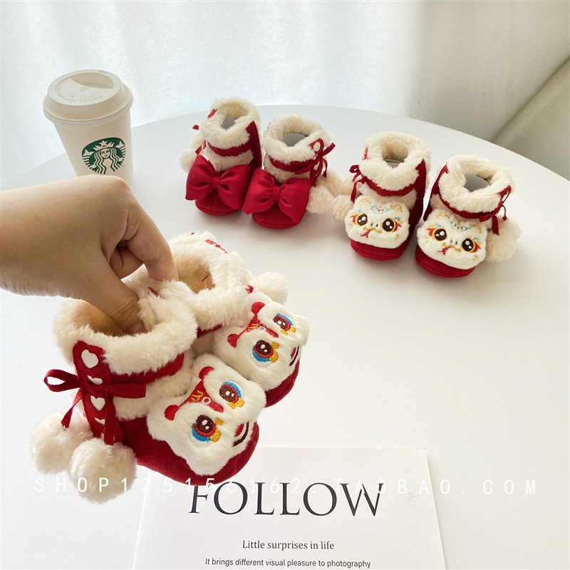 红色婴儿鞋子冬季男女童小月龄婴幼儿宝宝加绒保暖雪地靴子学步鞋