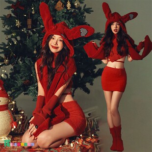 影楼圣诞节服装女性感元旦少女氛围感新年红色针织礼服艺术照服装