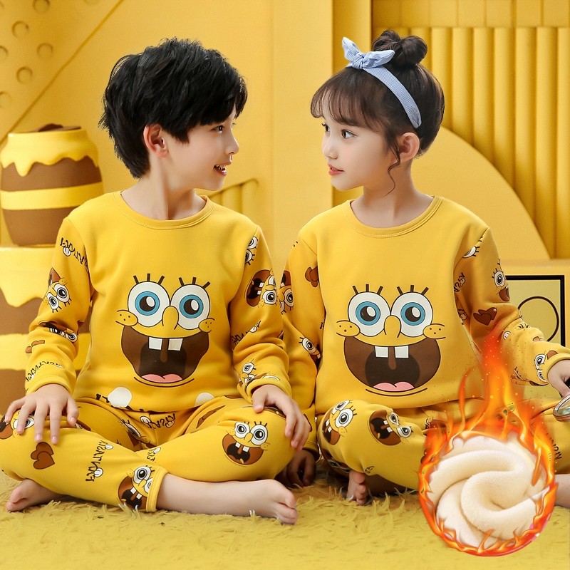 儿童冬天睡衣加绒加厚女童保暖套装男童卡通内衣长袖家居服童装