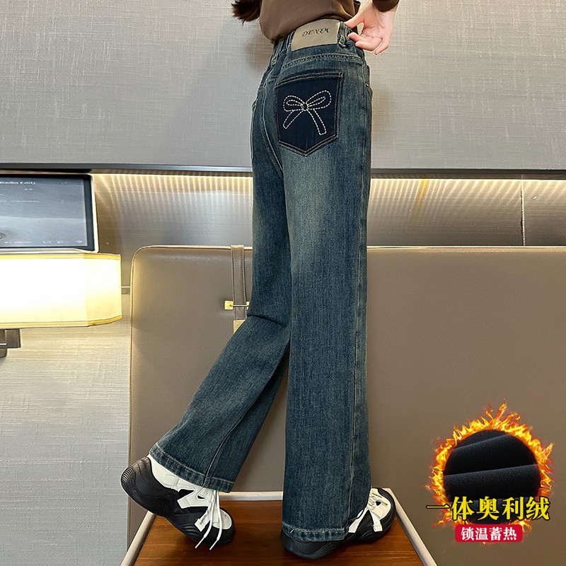 女大童加绒裤子秋冬2024新款洋气女孩冬季加厚休闲窄版阔腿牛仔裤