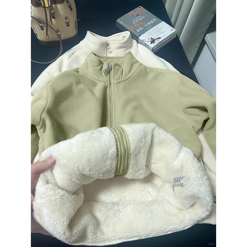 摇粒绒外套女秋冬季加绒加厚2024新款棉服校服内搭神器女款卫衣厚