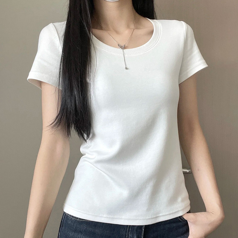 钱与书正肩t恤女士u圆领夏日纯白色棉短袖独特黑精致修身款小上衣