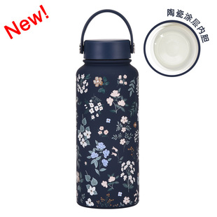 1L大容量保温杯广口便携真空运动水壶陶瓷涂层内胆印花水杯