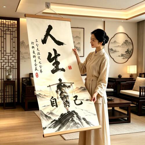 书法人生靠自己房茶室中式办公室挂画客厅字画墙面励志玄关装饰画