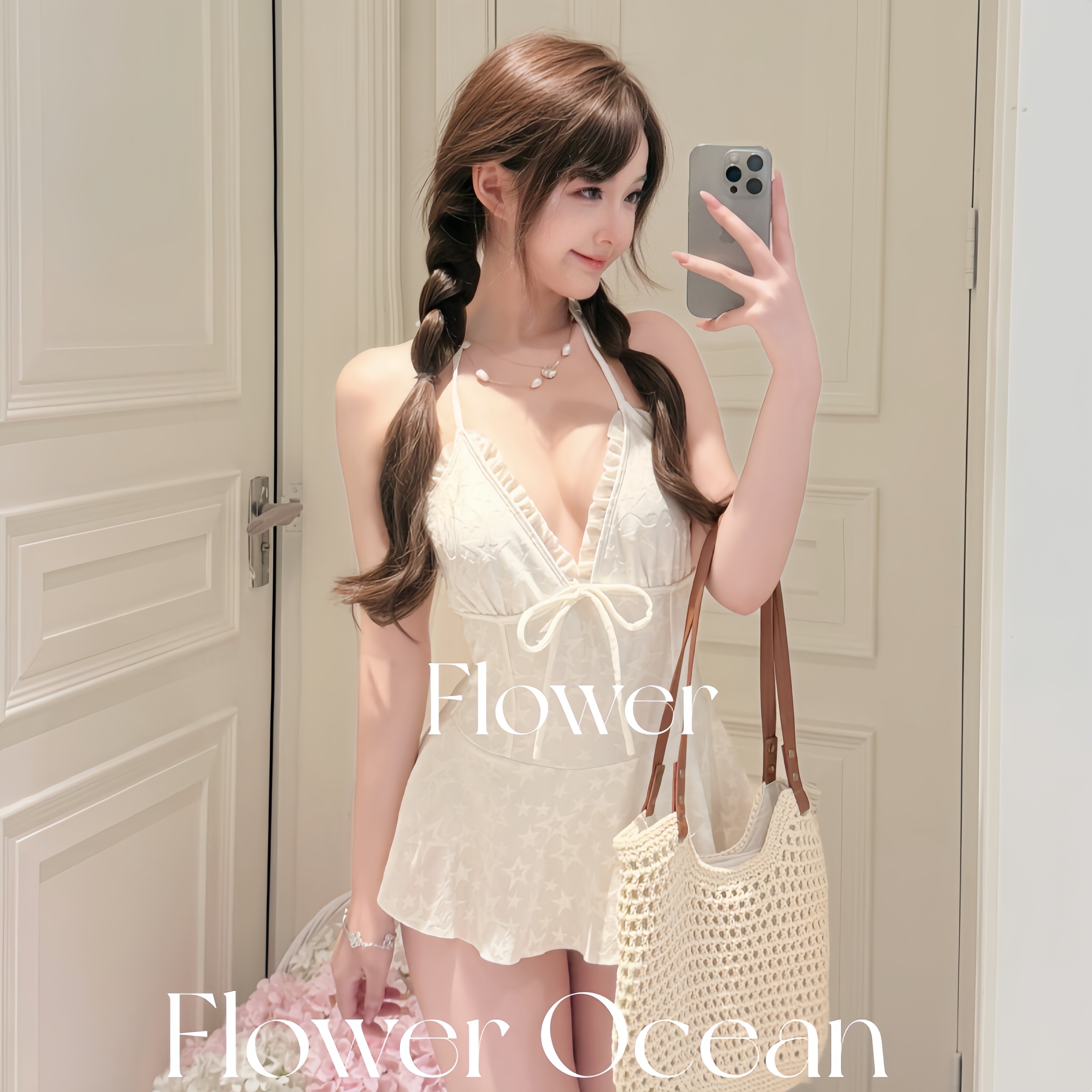 【初恋日记】纯欲挂脖连体芭蕾风两件套修身显瘦温泉度假泳衣