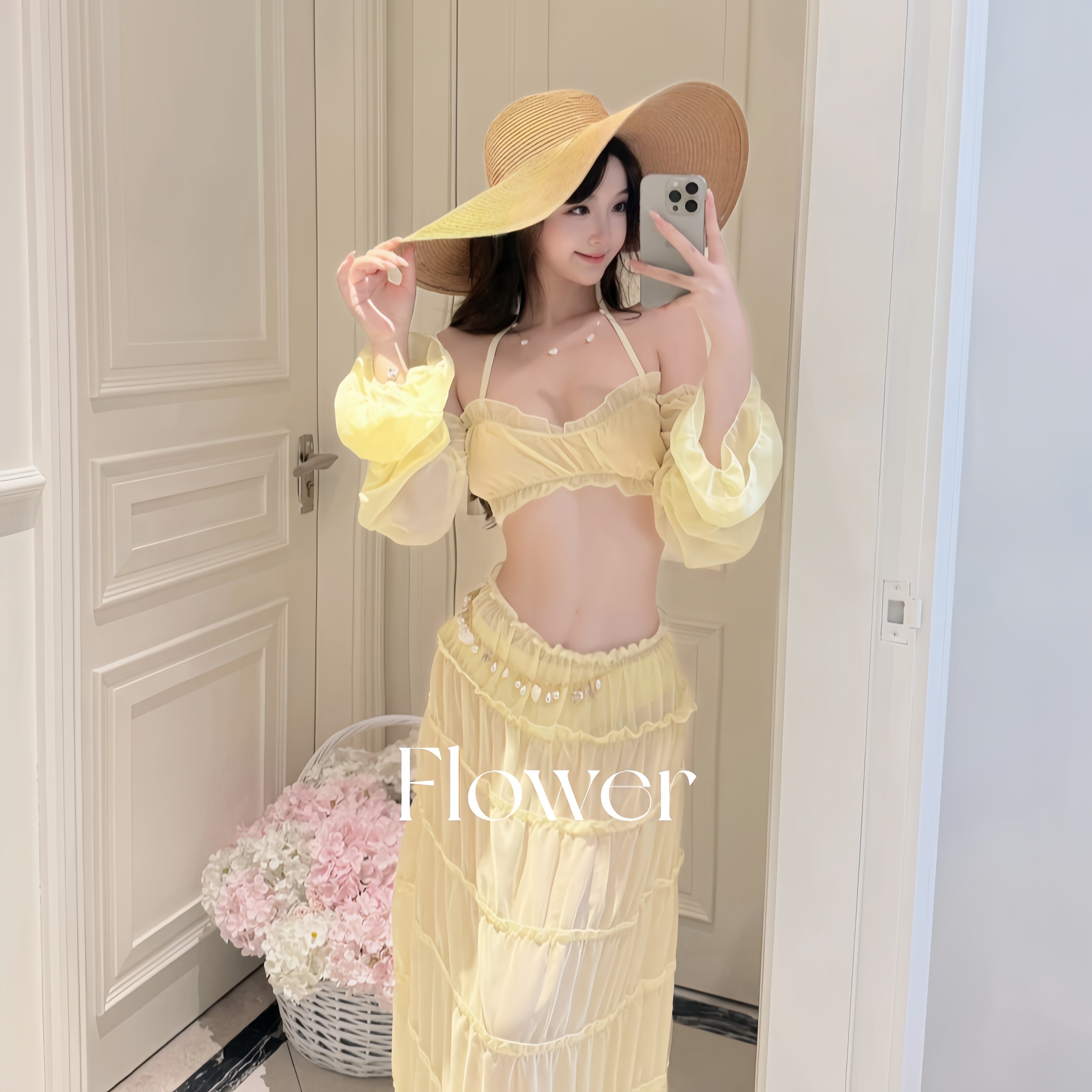 【淡黄的长裙】纯欲性感bikini分体三件套温泉海边度假泳衣