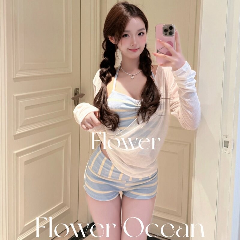 【baby蓝】夏日甜美少女比基尼三件套水上乐园海边度假分体泳衣