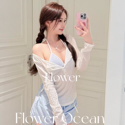 【海盐少女】蓝色条纹比基尼四件套性感小胸显瘦海边沙滩度假泳衣