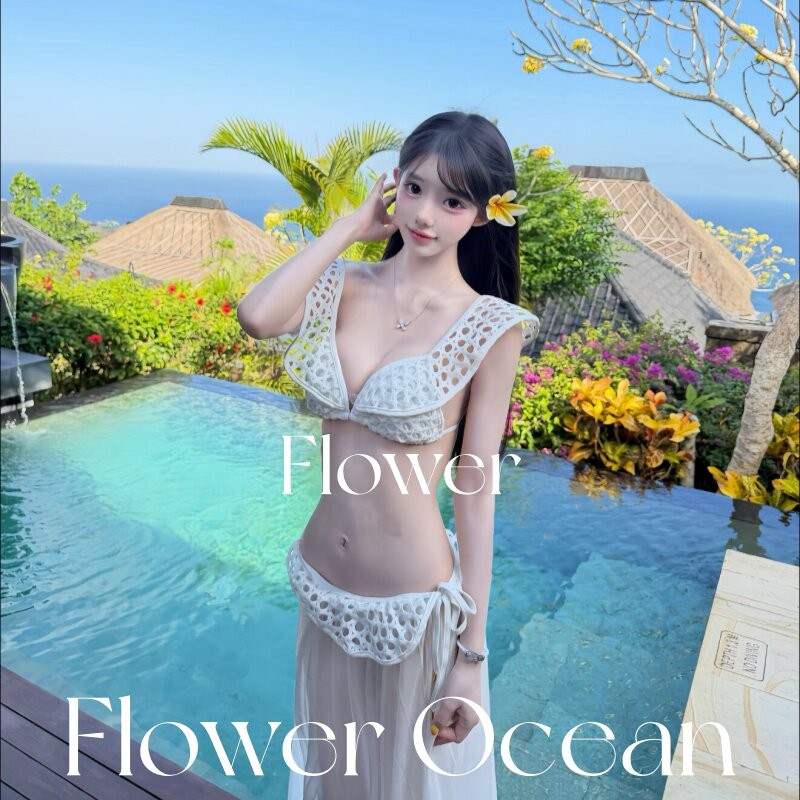 【优昙花】性感镂空纯欲风白色bikini长裙温泉海边度假分体泳衣女