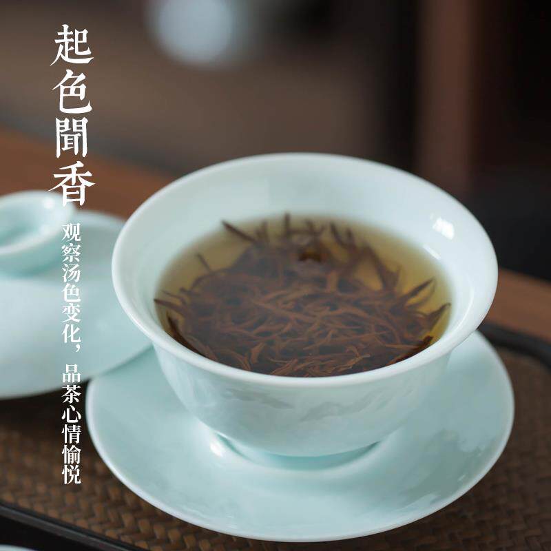 景德镇雕刻影青瓷功夫茶具盖碗套装简约 陶瓷盖碗茶杯整套礼盒装