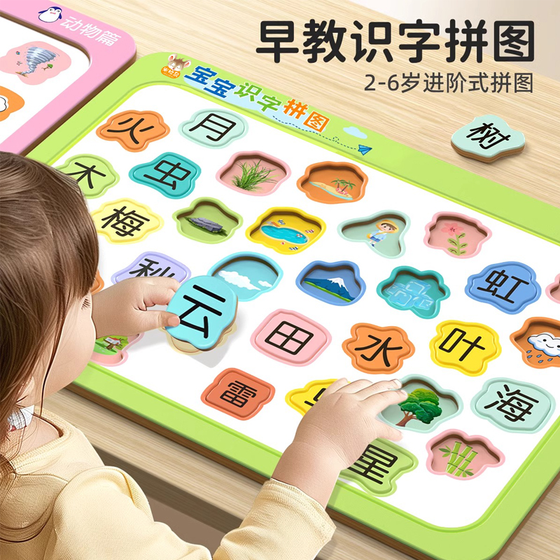 宝宝早教识字拼图汉字认字认知卡片幼儿园3到6岁儿童启蒙益智玩具