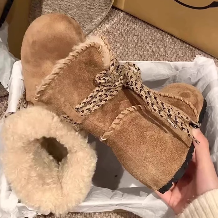雪地靴女小众设计卡其色保暖棉靴