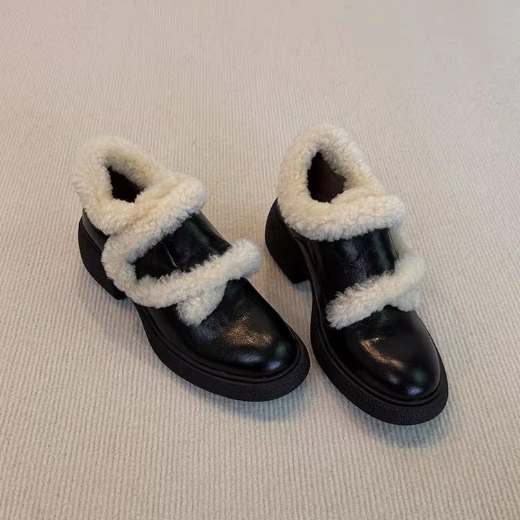 真皮厚底小皮鞋女冬季加绒棉鞋魔术贴乐福鞋一脚蹬保暖雪地毛毛鞋,女鞋,时尚雪地靴,淘宝优惠券,粉丝福利购,淘宝优惠卷