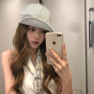 百搭透气网红舒适帽子 猫仔kitten 文艺复古条纹棒球帽女夏季