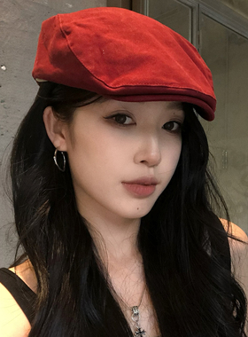 【猫仔kitten】红色前进帽女秋冬款显脸小时尚画家帽文艺报童帽