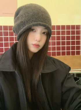 【猫仔kitten】卷边含羊毛保暖针织帽女大头围百搭冷帽堆堆帽子
