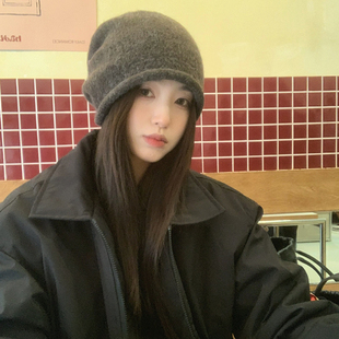 【猫仔kitten】卷边含羊毛保暖针织帽女大头围百搭冷帽堆堆帽子