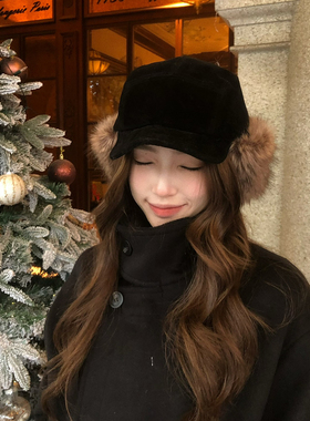 【猫仔kitten】黑色仿狐狸毛短檐帽子冬季加厚保暖护耳毛绒鸭舌帽