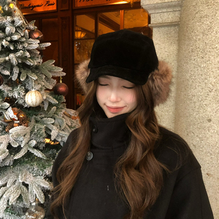 【猫仔kitten】黑色仿狐狸毛短檐帽子冬季加厚保暖护耳毛绒鸭舌帽