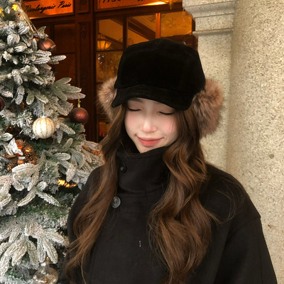 【猫仔kitten】黑色仿狐狸毛短檐帽子冬季加厚保暖护耳毛绒鸭舌帽