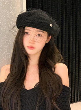 【猫仔kitten】网纱遮面羊毛贝雷帽赫本风时装走秀高级感帽子女