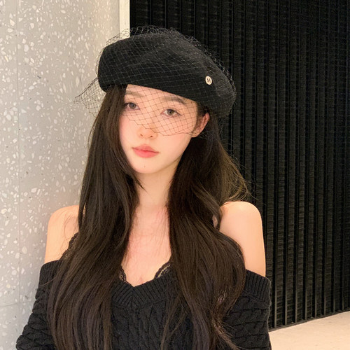 【猫仔kitten】网纱遮面羊毛贝雷帽赫本风时装走秀高级感帽子女