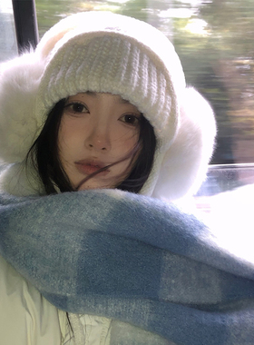 【猫仔kitten】秋冬新款白色帽子耳罩套装针织韩系毛线帽保暖耳包