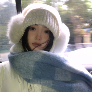 白色帽子耳罩套装 秋冬新款 针织韩系毛线帽保暖耳包 猫仔kitten