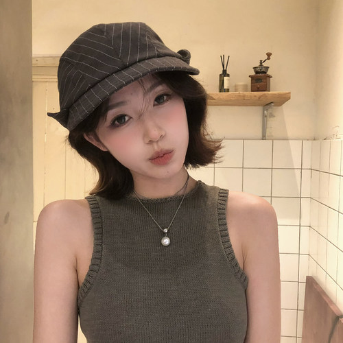 【猫仔kitten】韩版新款条纹帽子女夏季时尚百搭复古显脸小八角帽