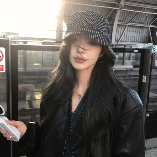 【猫仔kitten】复古斑马条纹鸭舌帽女文艺休闲日系学院风棉麻帽子
